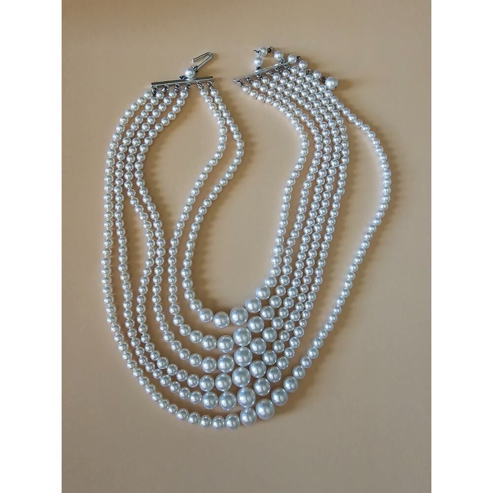 Vtg Signed Japan Multi-Strand Faux Pearl Bib Necklace - Layered Statement Collar